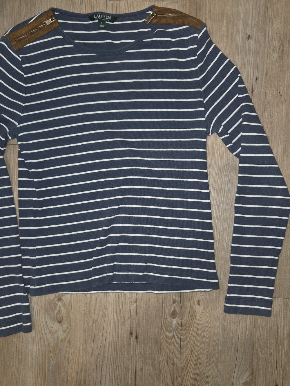Lauren Ralph Lauren Striped Long Sleeve Knit Top - Suede & Zipper Shoulder Accen